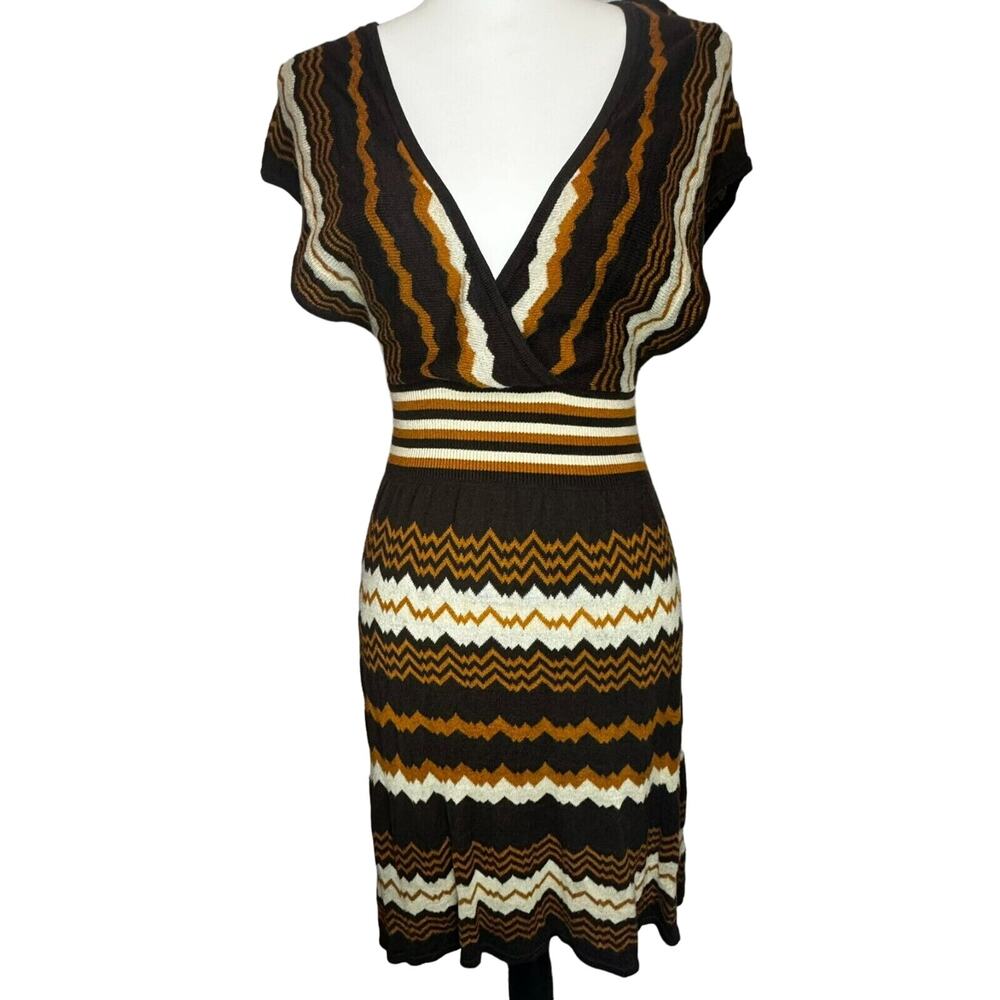 H&M | Small Vintage Brown Cream Knit Boho Sleeveless Dress Zig Zag Festival 90s